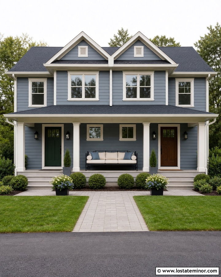 Slate Blue Duplex With Shared Porch Daybed - 30 Slate Blue House Design With Daybed Ideas