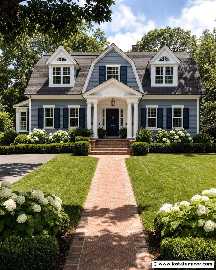 Slate Blue Dutch Colonial With Gabled Portico - 30 Slate Blue House Design With Portico Ideas