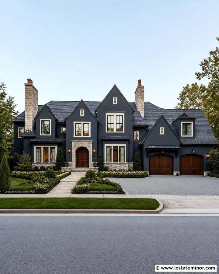 Slate Blue Estate House With Double Stone Chimneys - 30 Slate Blue House Design With Chimney Ideas
