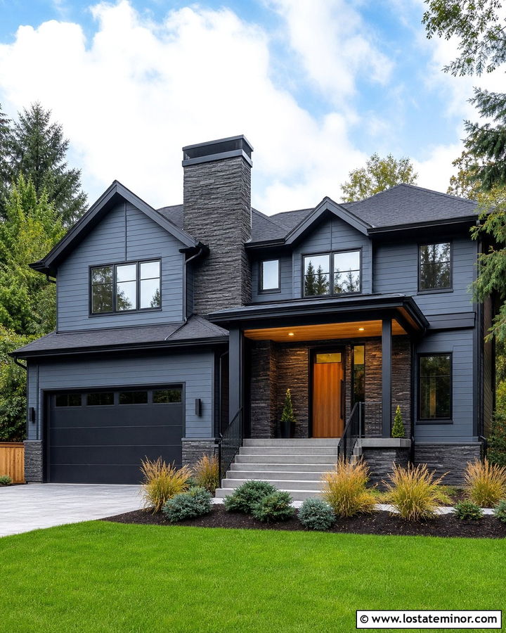 Slate Blue Exterior With Black Trim And Stone - 30 Slate Blue House Design With Stone Accents Ideas