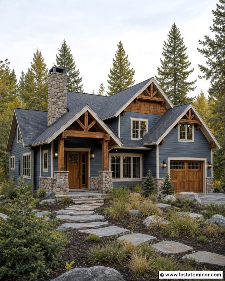 Slate Blue Exterior With Cedar And Stone - 30 Slate Blue House Design With Stone Accents Ideas