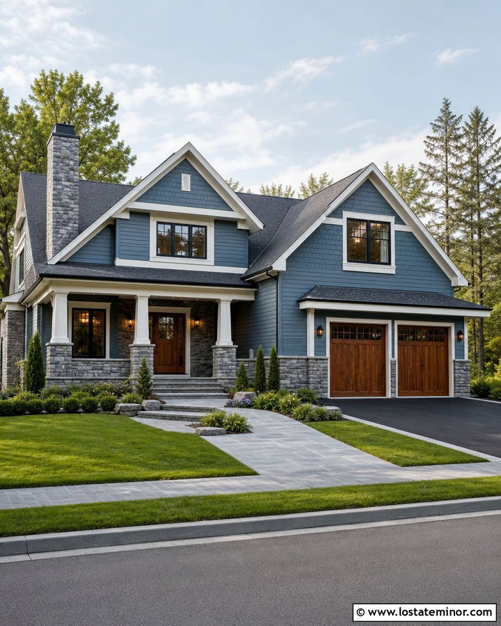 Slate Blue Exterior With Charcoal Roof And Stone - 30 Slate Blue House Design With Stone Accents Ideas
