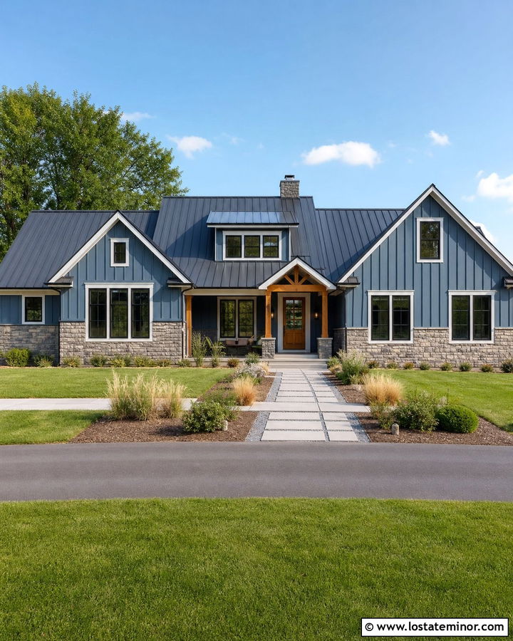 Slate Blue Exterior With Metal Roof And Stone - 30 Slate Blue House Design With Stone Accents Ideas