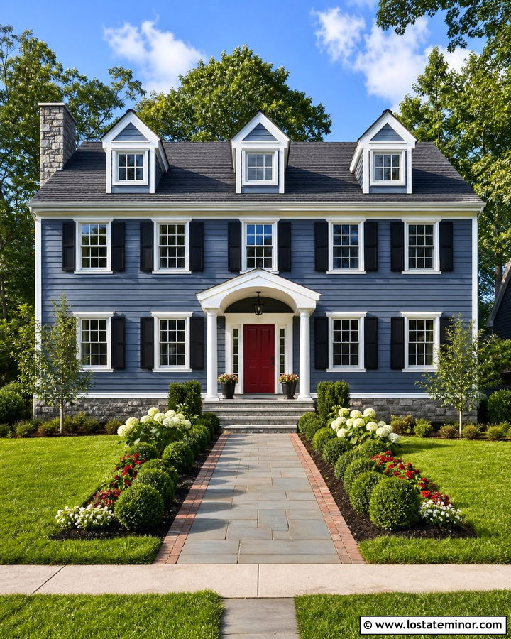 Slate Blue Exterior With Red Door And Stone - 30 Slate Blue House Design With Stone Accents Ideas