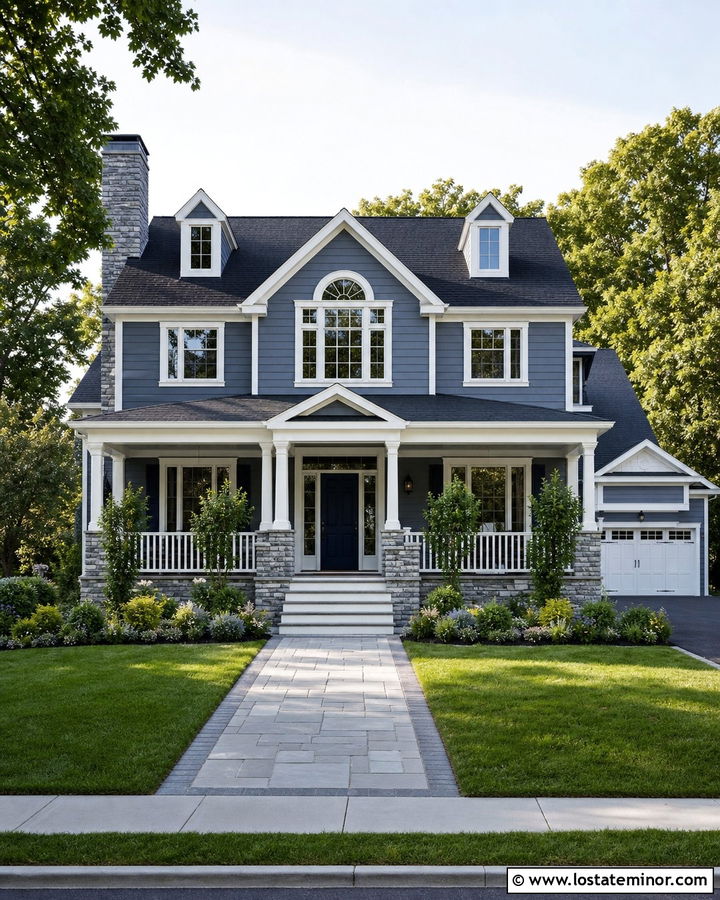 Slate Blue Exterior With White Trim And Stone - 30 Slate Blue House Design With Stone Accents Ideas