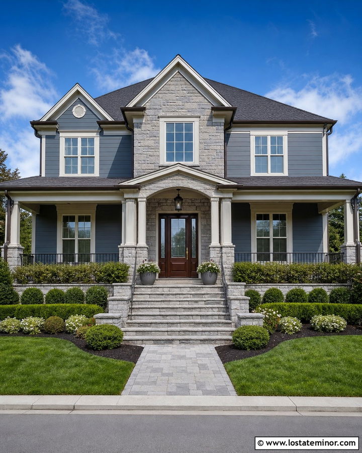 Slate Blue Exterior With Wood Door And Stone - 30 Slate Blue House Design With Stone Accents Ideas