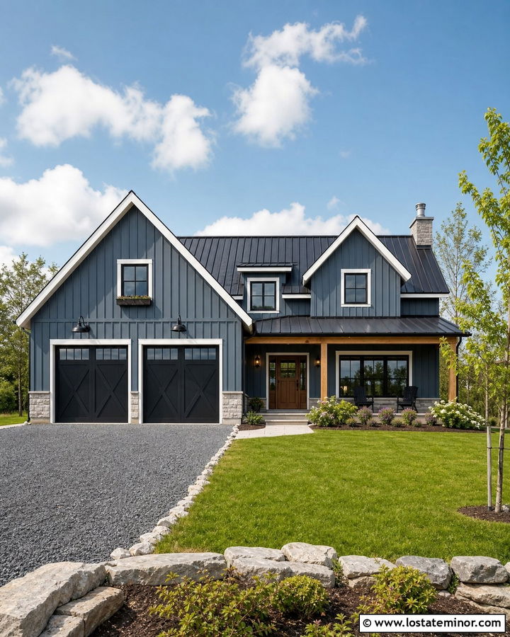 Slate Blue Farmhouse With Barn Lights - 30 Slate Blue House Design With Lighting Ideas
