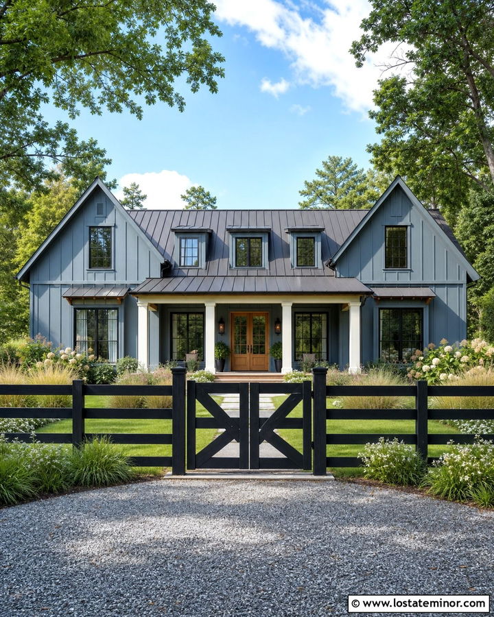Slate Blue Farmhouse With Black Board Fence - 30 Slate Blue House Design With Fence Ideas