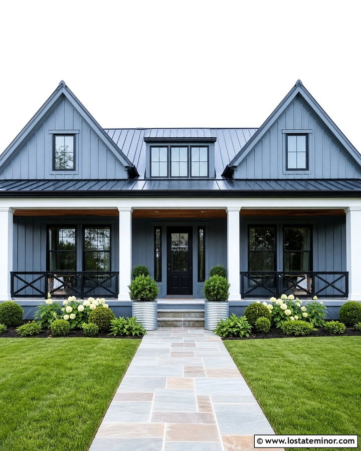 Slate Blue Farmhouse With Black Cross Railings - 30 Slate Blue House Design With Railings Ideas