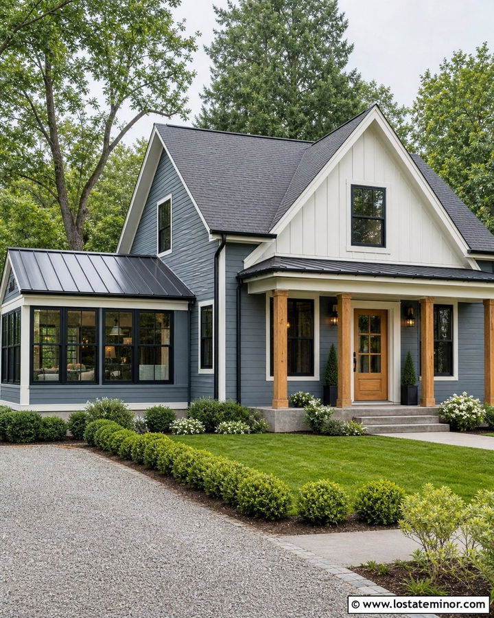 Slate Blue Farmhouse With Black Sunroom Windows - 30 Slate Blue House Design With Sunroom Ideas