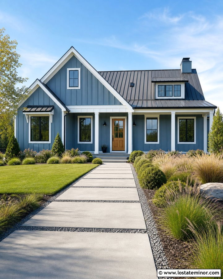 Slate Blue Farmhouse With Concrete Paver Walkway - 30 Slate Blue House Design With Walkway Ideas