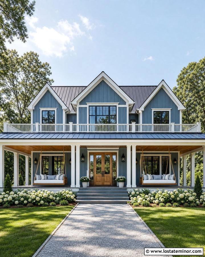 Slate Blue Farmhouse With Double Porch Daybeds - 30 Slate Blue House Design With Daybed Ideas