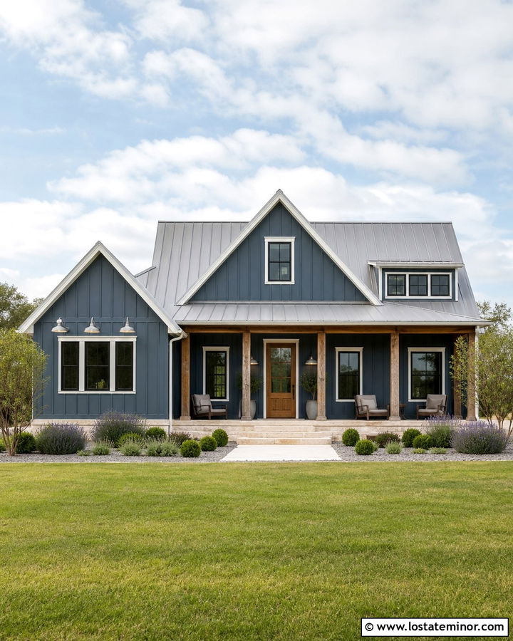 Slate Blue Farmhouse With Galvanized Lights - 30 Slate Blue House Design With Light Fixtures Ideas