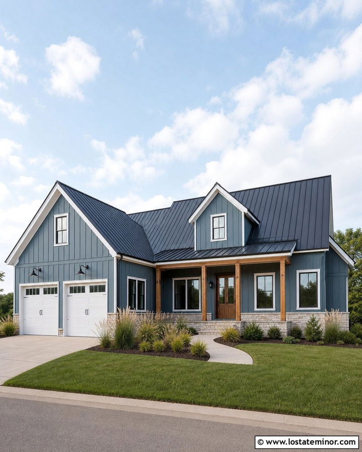 Slate Blue Farmhouse With Gooseneck Lights - 30 Slate Blue House Design With Light Fixtures Ideas