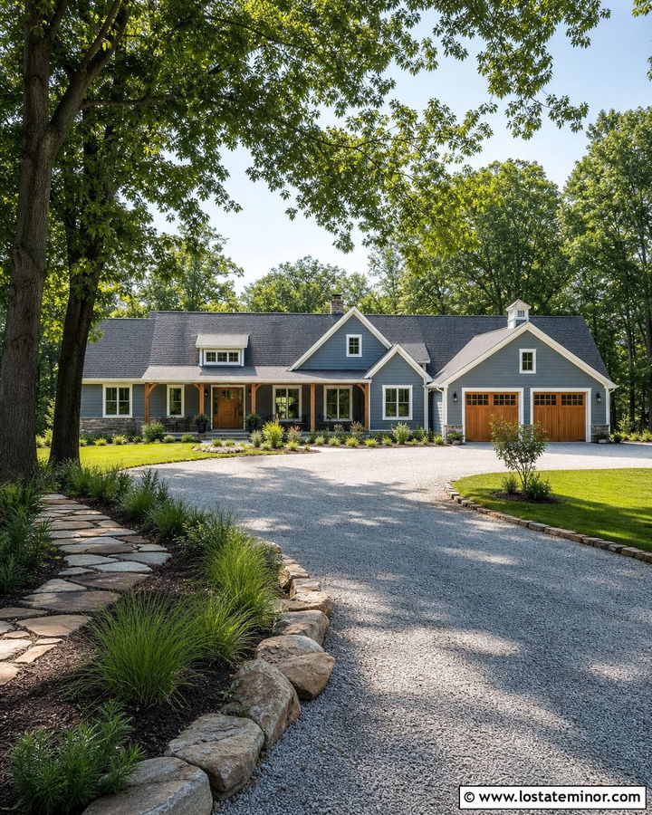 Slate Blue Farmhouse With Gravel Turnaround - 30 Slate Blue House Design With Driveway Ideas