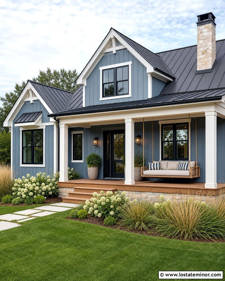 Slate Blue Farmhouse With Hanging Porch Daybed - 30 Slate Blue House Design With Daybed Ideas