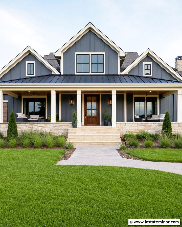 Slate Blue Farmhouse With Limestone Porch - 30 Slate Blue House Design With Stone Accents Ideas