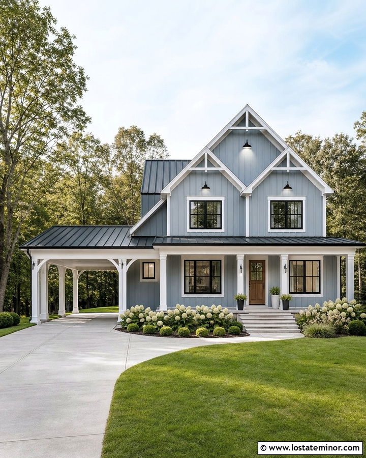 Slate Blue Farmhouse With Metal Carport - 30 Slate Blue House Design With Carport Ideas