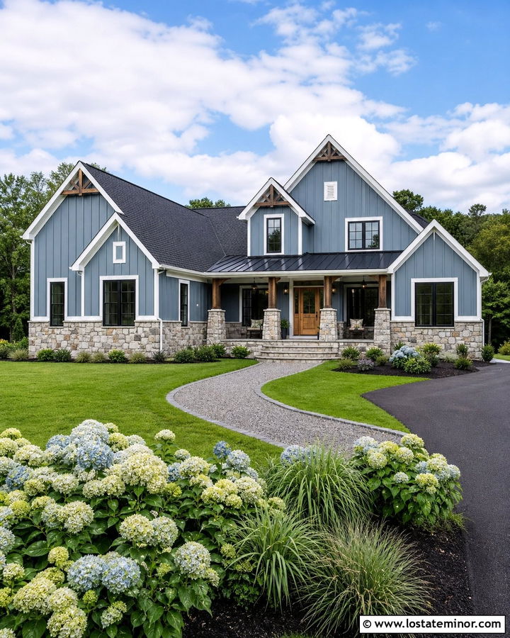 Slate Blue Farmhouse With Natural Stone Wainscoting - 30 Slate Blue House Design With Wainscoting Ideas