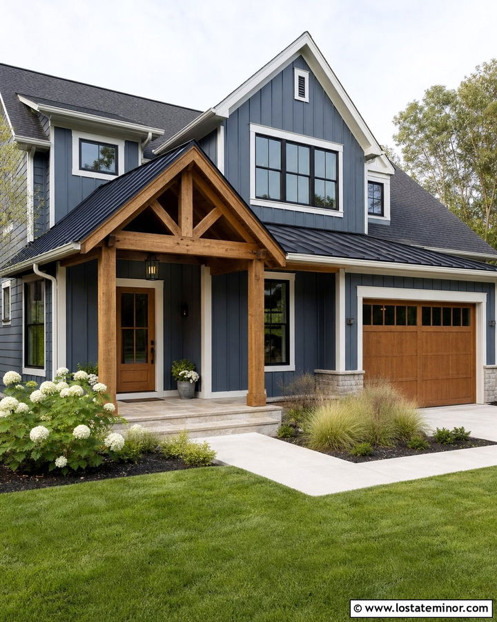 Slate Blue Farmhouse With Natural Wood Portico - 30 Slate Blue House Design With Portico Ideas