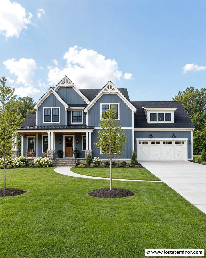 Slate Blue Farmhouse With Warm White Garage Door - 30 Slate Blue House Design With Garage Door Ideas