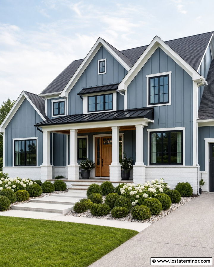 Slate Blue Farmhouse With White Brick Wainscoting - 30 Slate Blue House Design With Wainscoting Ideas