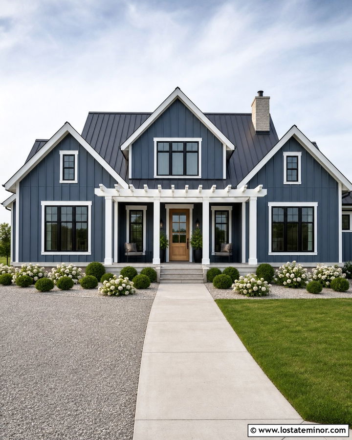 Slate Blue Farmhouse With White Pergola - 30 Slate Blue House Design With Pergola Ideas