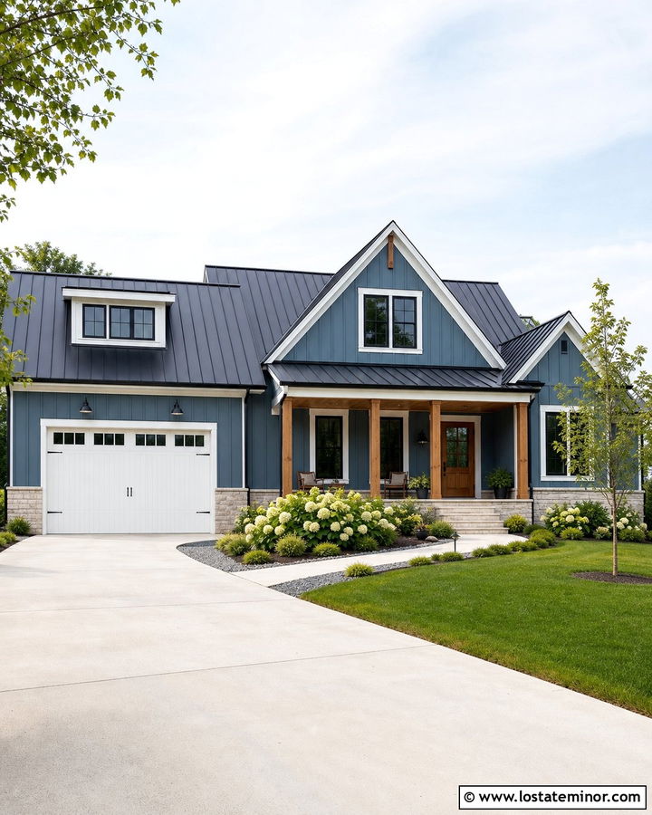 Slate Blue Farmhouse With White Plank Garage Door - 30 Slate Blue House Design With Garage Door Ideas