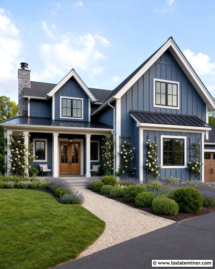 Slate Blue Farmhouse With White Roses - 30 Slate Blue House Design With Landscaping Ideas