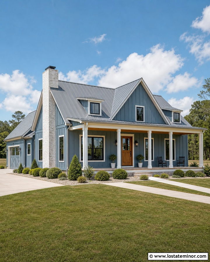 Slate Blue Farmhouse With Whitewashed Brick Chimney - 30 Slate Blue House Design With Chimney Ideas