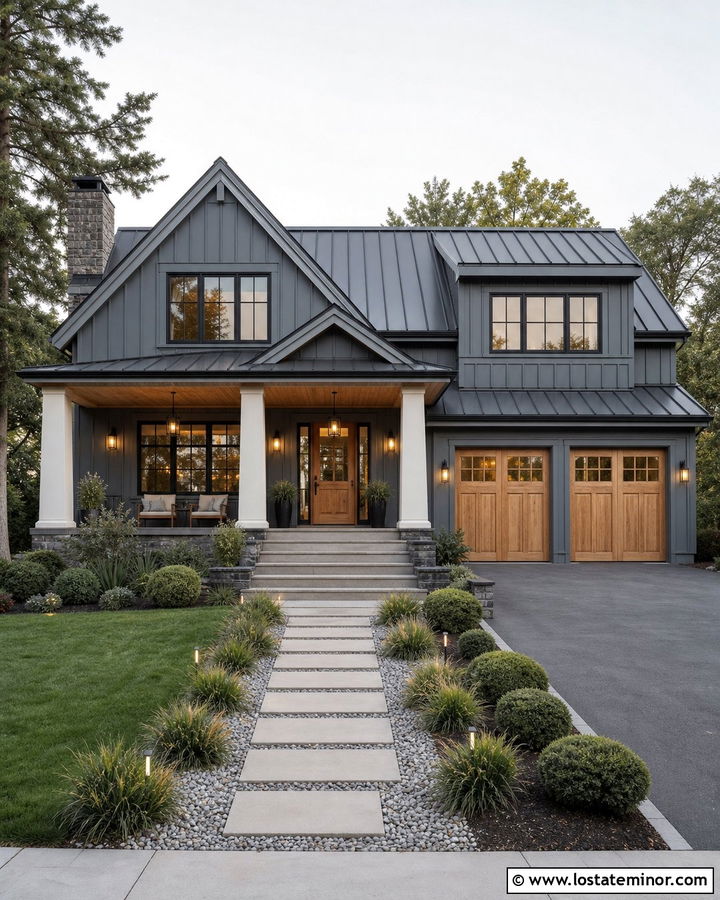 Slate Blue Farmhouse With Wood Accents - 30 Slate Blue House Design With Siding Ideas