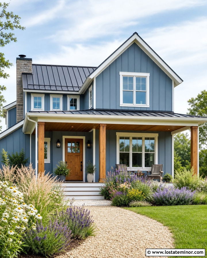 Slate Blue Farmhouse With Wood Porch And Wildflower Border - 30 Slate Blue House Design With Front Yard Ideas