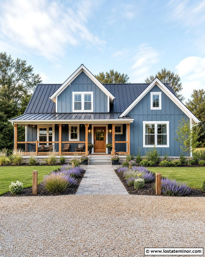 Slate Blue Farmhouse With Wood Porch Railings - 30 Slate Blue House Design With Railings Ideas