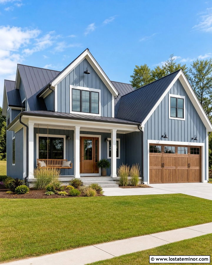 Slate Blue Farmhouse With Wood Swing - 30 Slate Blue House Design With Swing Ideas