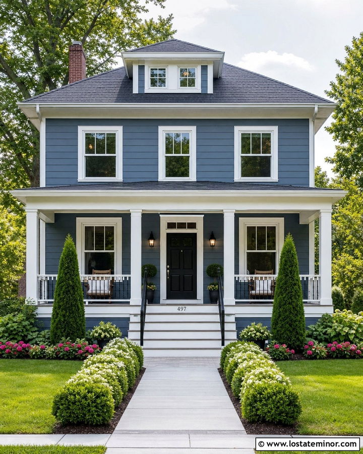 Slate Blue Foursquare With Black Door And Formal Front Yard - 30 Slate Blue House Design With Front Yard Ideas