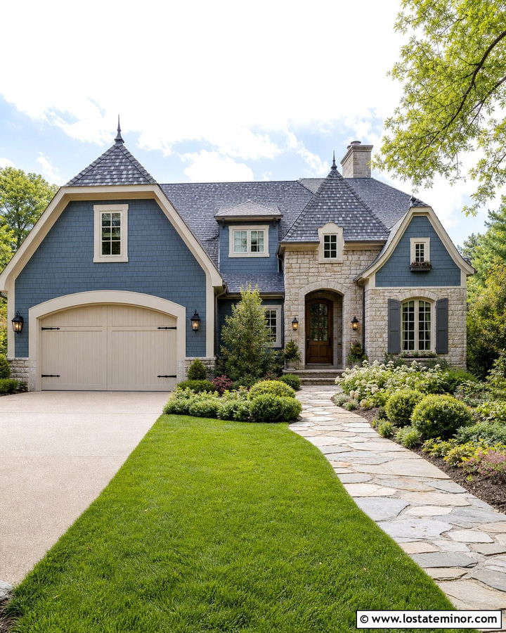 Slate Blue French Country House With Beige Garage Door - 30 Slate Blue House Design With Garage Door Ideas
