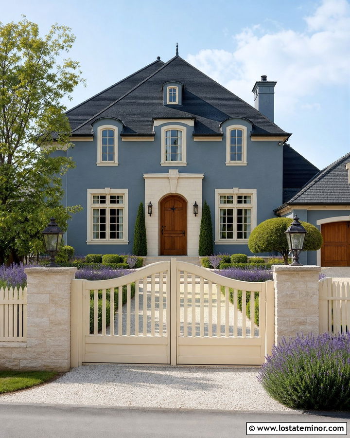 Slate Blue French Country House With Cream Fence - 30 Slate Blue House Design With Fence Ideas