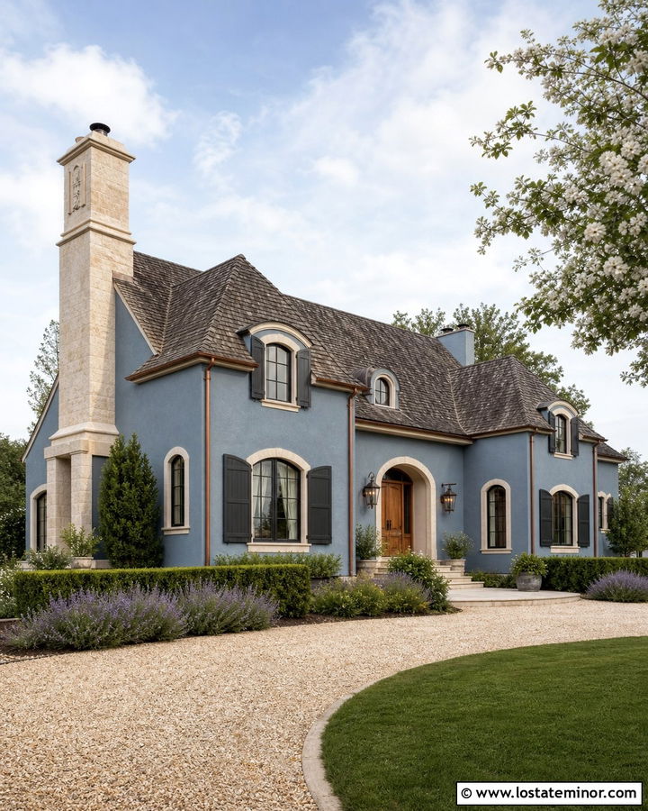 Slate Blue French Country House With Limestone Chimney - 30 Slate Blue House Design With Chimney Ideas