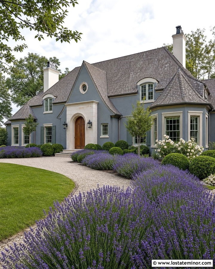 Slate Blue French Country House With Stone Entry And Lavender - 30 Slate Blue House Design With Front Yard Ideas