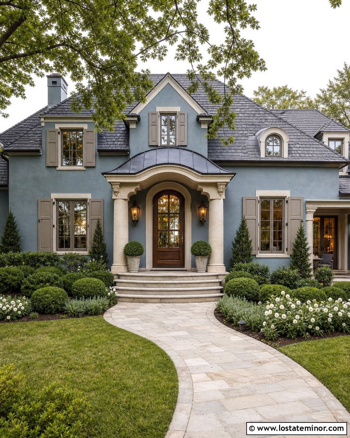 Slate Blue French Country With Arched Portico - 30 Slate Blue House Design With Portico Ideas