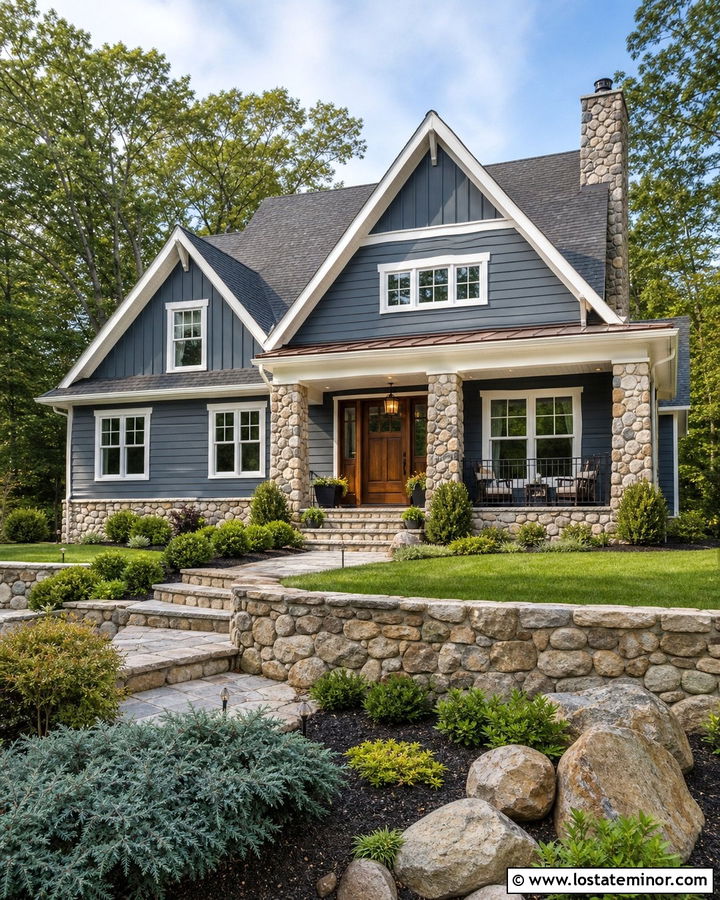 Slate Blue Gable House With Stone Accents - 30 Slate Blue House Design With Gables Ideas