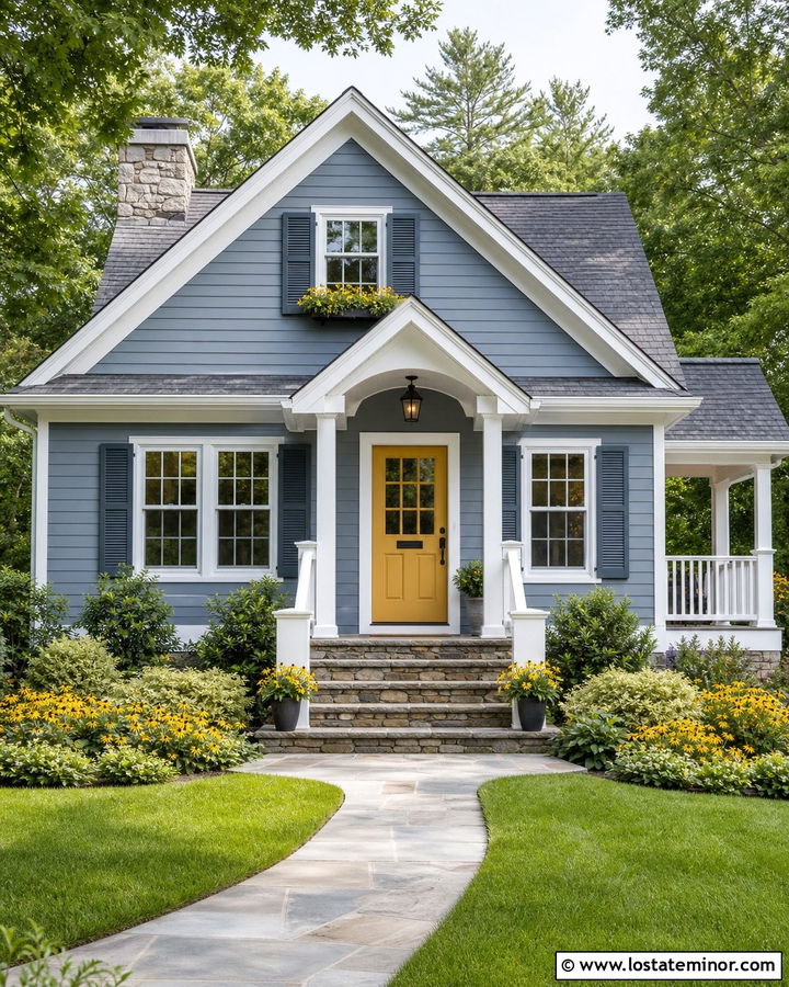 Slate Blue Gable House With Yellow Door - 30 Slate Blue House Design With Gables Ideas