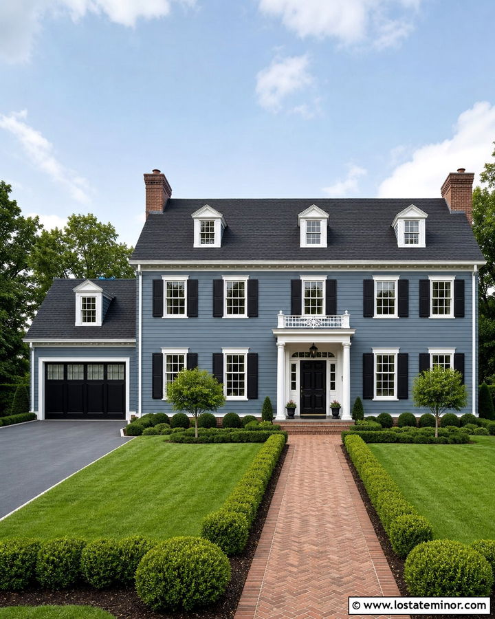Slate Blue Georgian House With Black Carriage Garage Door - 30 Slate Blue House Design With Garage Door Ideas
