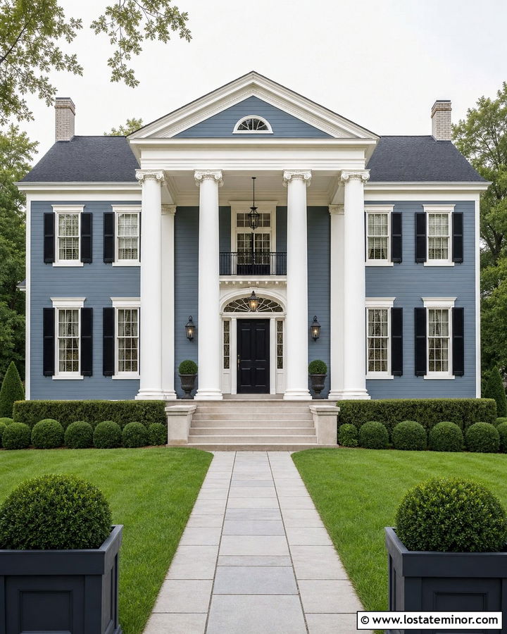 Slate Blue Greek Revival With Columned Portico - 30 Slate Blue House Design With Portico Ideas