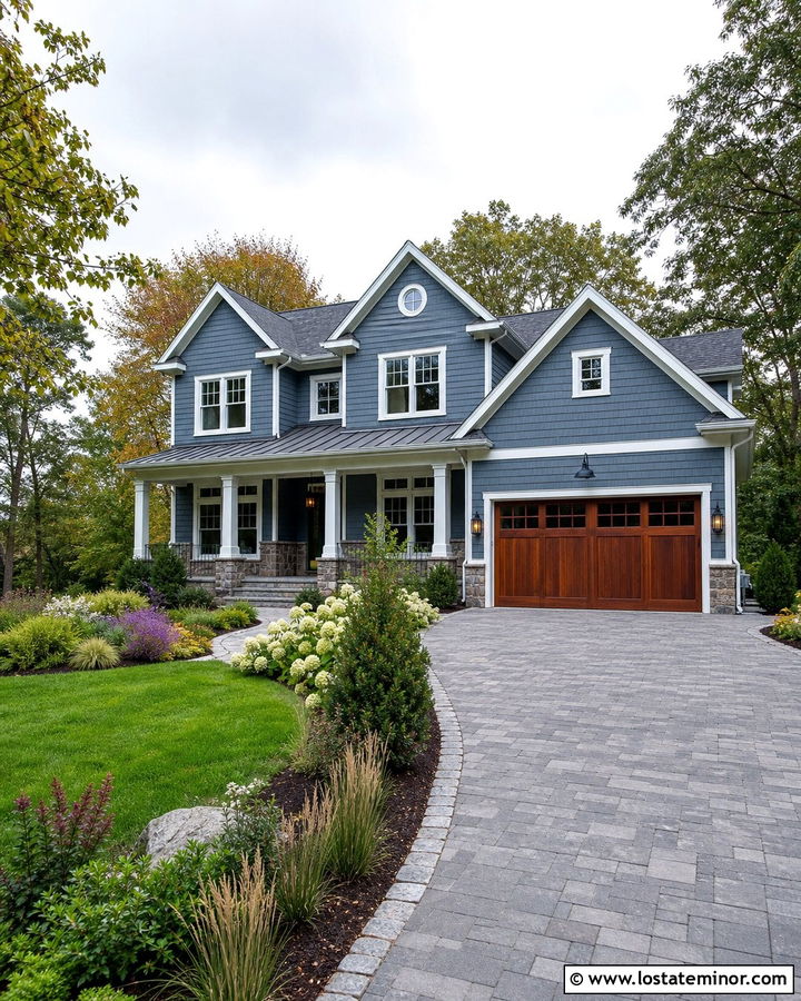 Slate Blue Home With Landscaped Driveway Borders - 30 Slate Blue House Design With Driveway Ideas