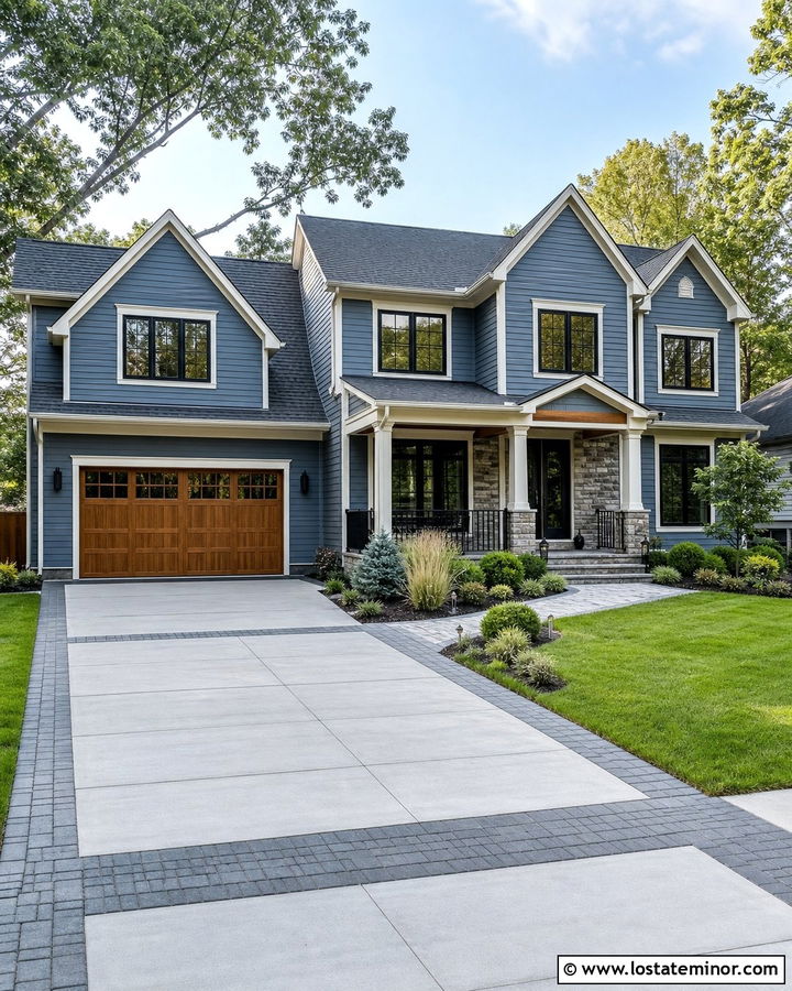 Slate Blue Home With Mixed Material Driveway - 30 Slate Blue House Design With Driveway Ideas