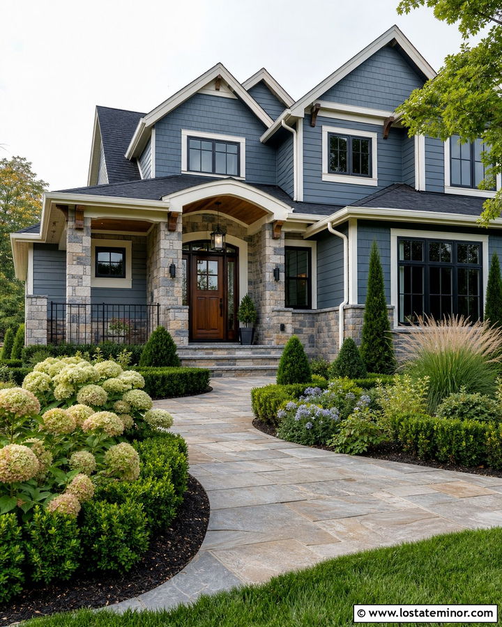 Slate Blue Home With Stone Porch And Four Season Front Yard - 30 Slate Blue House Design With Front Yard Ideas