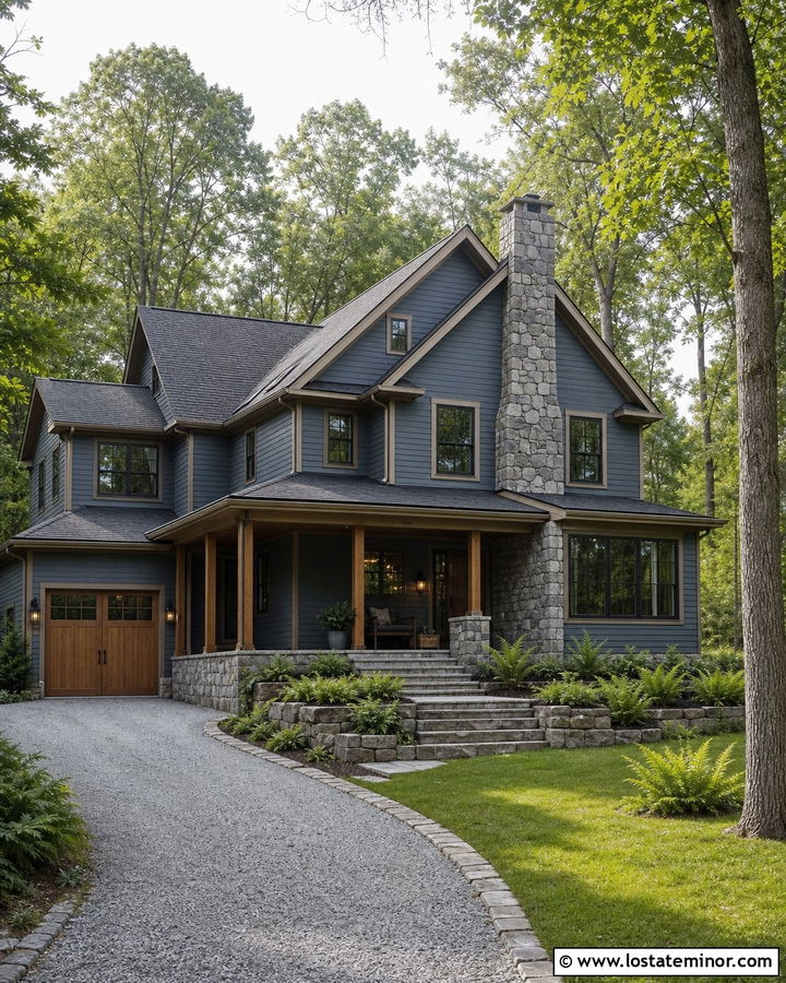 Slate Blue House On A Wooded Lot With Stone Chimney - 30 Slate Blue House Design With Chimney Ideas