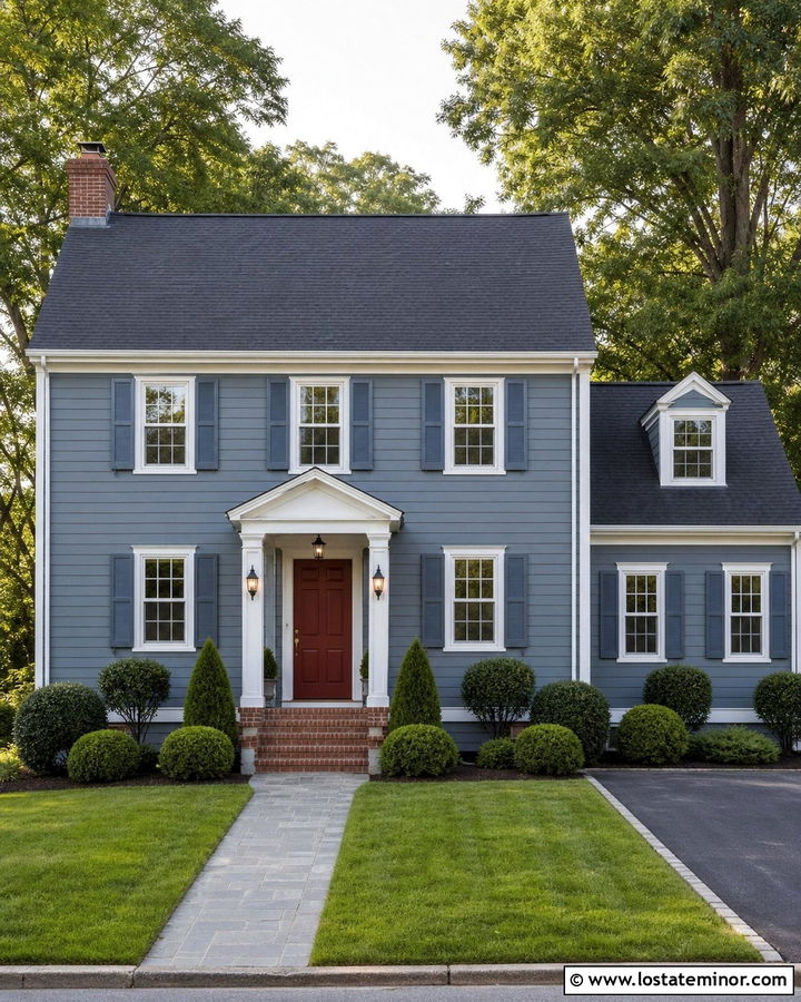 Slate Blue House With A Red Door And Charcoal Shingles - 30 Slate Blue House Design With Shingles Ideas