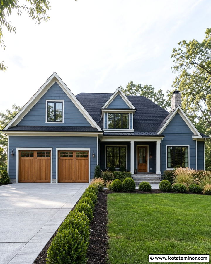Slate Blue House With A Wood Garage And Black Shingles - 30 Slate Blue House Design With Shingles Ideas